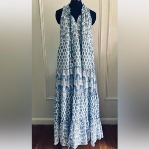 Calypso St. Barth Summer'25 Cotton Blue/White Rufled Tiered Maxi Sundress Sm NWT